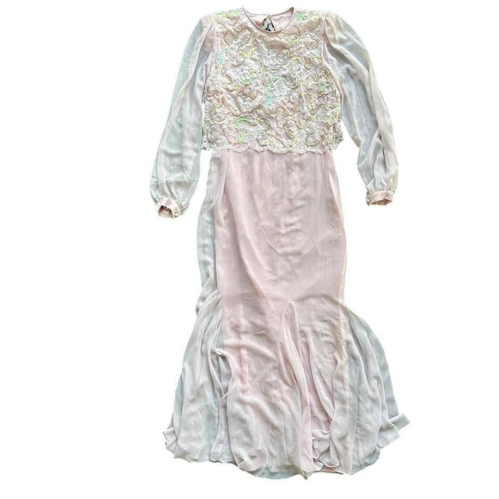 Vintage Pink Chiffon Lace‎ Sequin Gown Long Sleeve Godet Maxi Dress Formal Prom